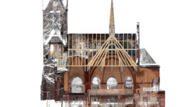 Červený kostel Olomouc boční pohled na konstrukci krovu a zadní polovinu skenu kostela